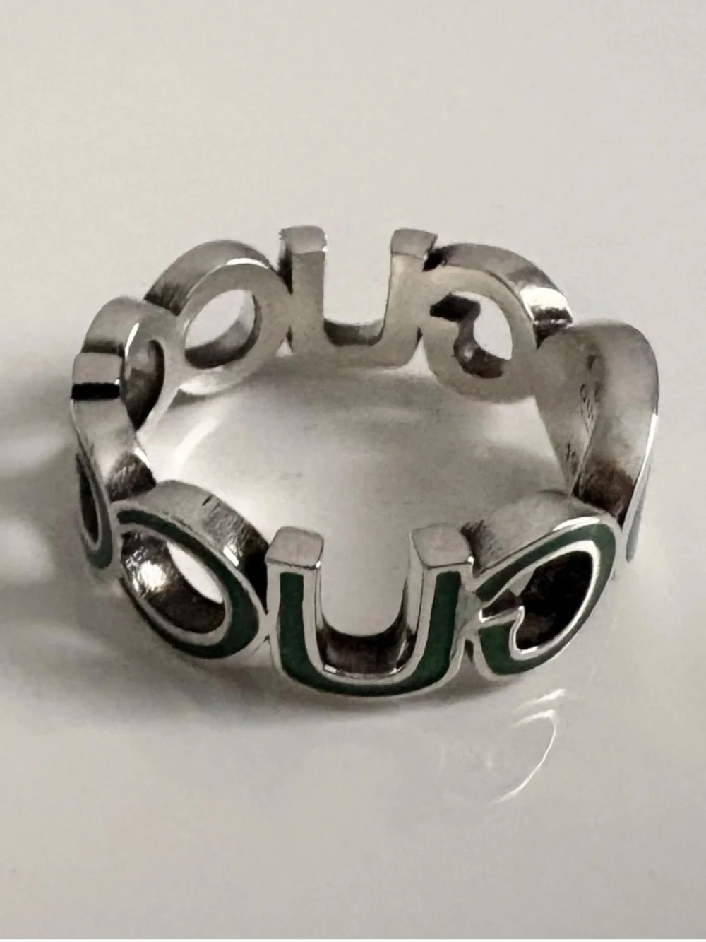 $360 GUCCI 925 Sterling Silver Green GG Chainlink Reversible Ring US 8.75 IT 19